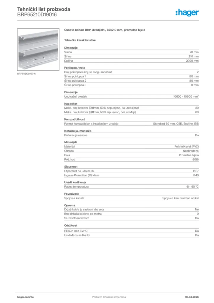 Slika Hager Tehnički list proizvoda BRP65210D19016  | Hager