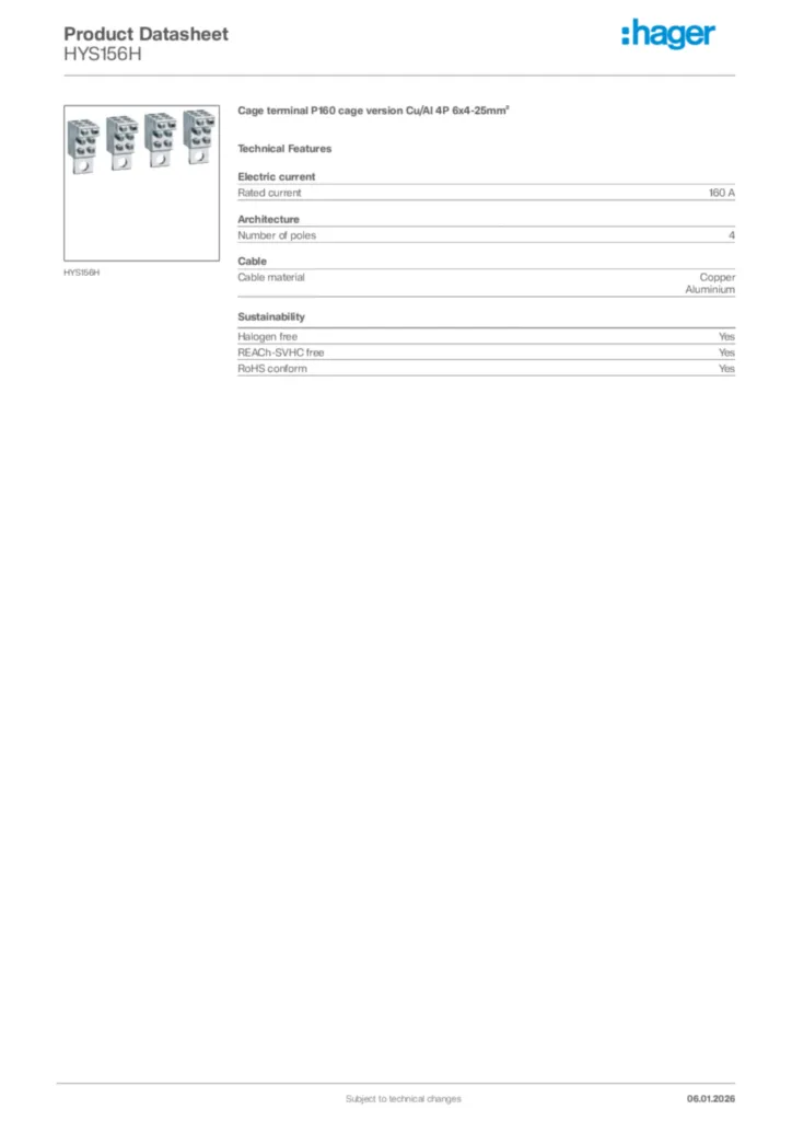 Image Hager Product data sheet HYS156H  | Hager Africa