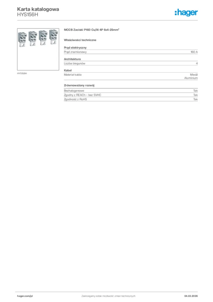 Zdjęcie Hager Karta katalogowa HYS156H | Hager Polska
