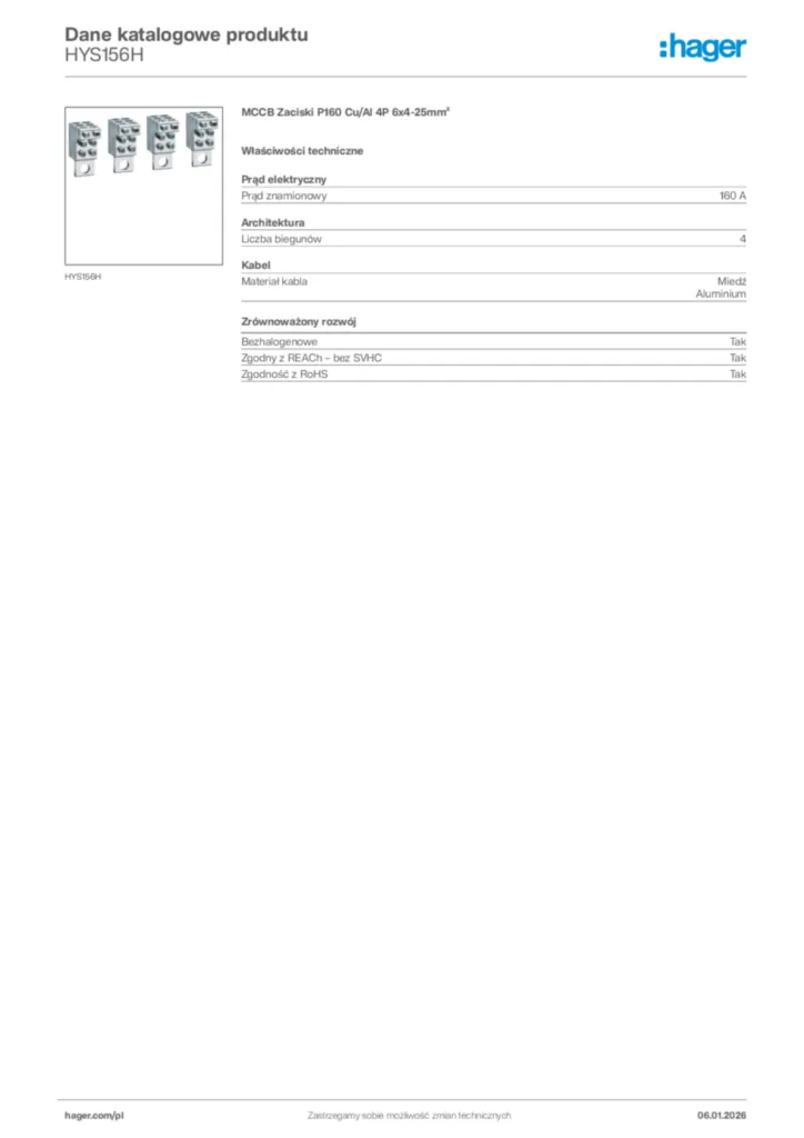 Zdjęcie Hager Karta katalogowa HYS156H | Hager Polska