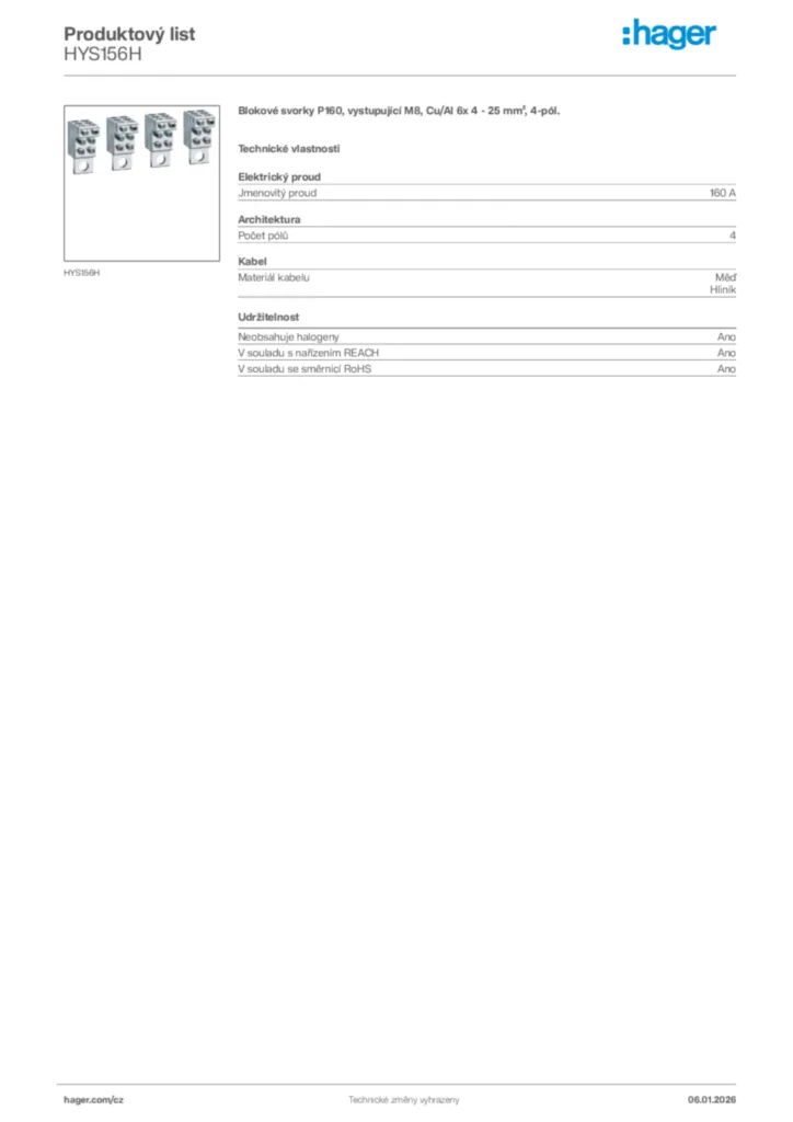Obrázek Hager Product data sheet HYS156H | Hager