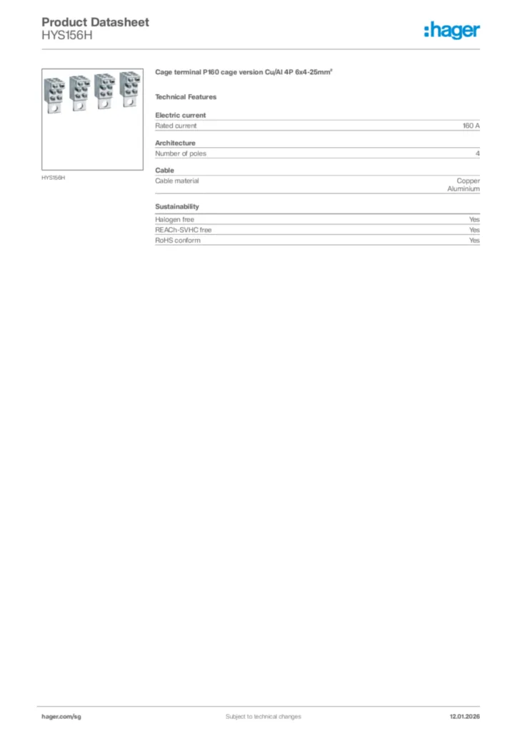 Image Hager Product data sheet HYS156H  | Hager