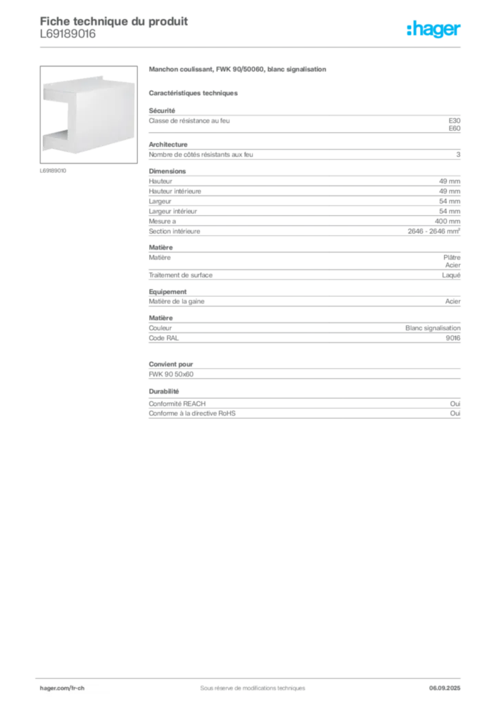Image Hager Fiche technique du produit L69189016 | Hager Suisse