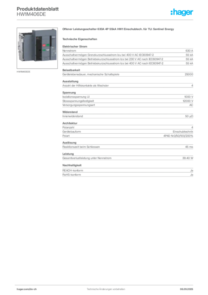 Bild Hager Produktdatenblatt HW1M406DE | Hager Schweiz