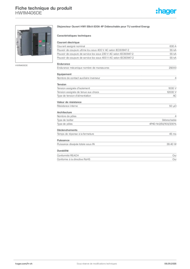 Image Hager Fiche technique du produit HW1M406DE | Hager Suisse