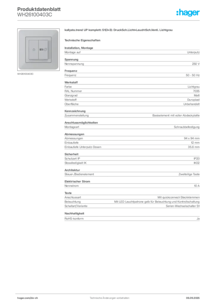 Bild Hager Produktdatenblatt WH26100403C | Hager Schweiz