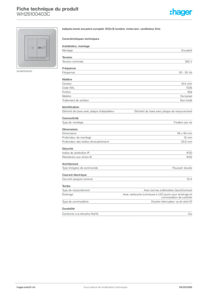Image Hager Fiche technique du produit WH26100403C | Hager Suisse