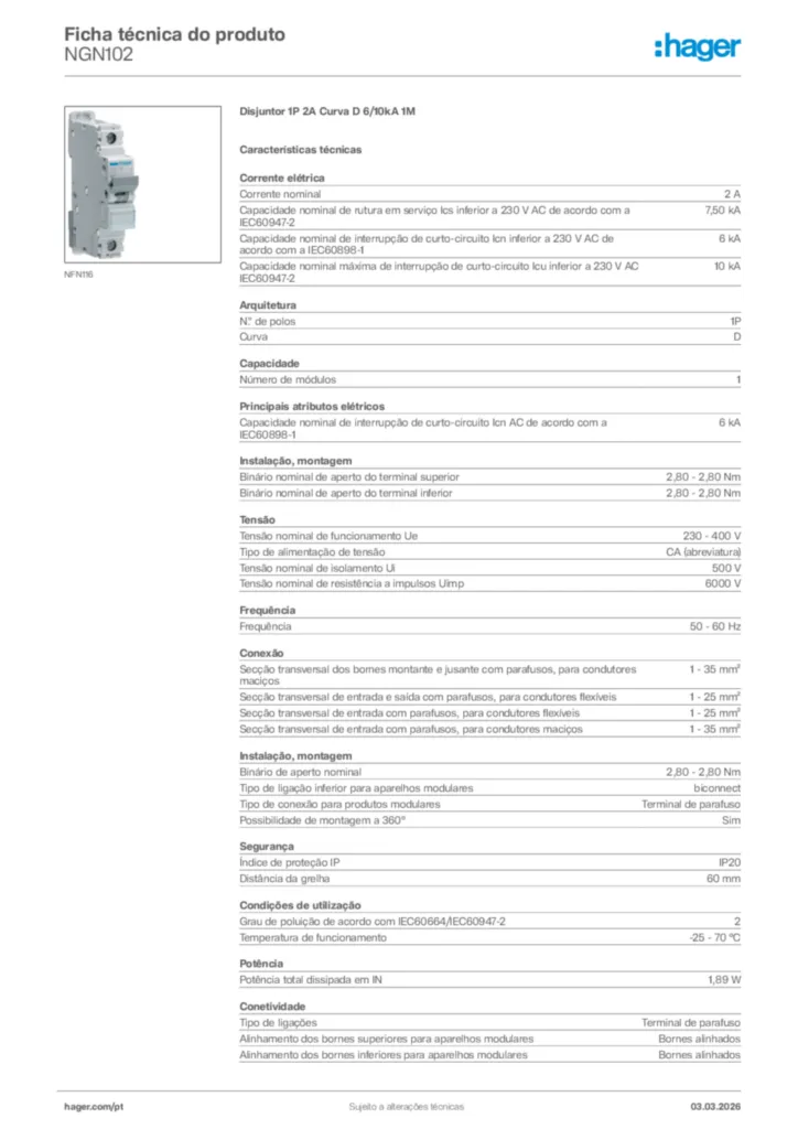 Imagem Hager Ficha técnica do produto NGN102 | Hager Portugal