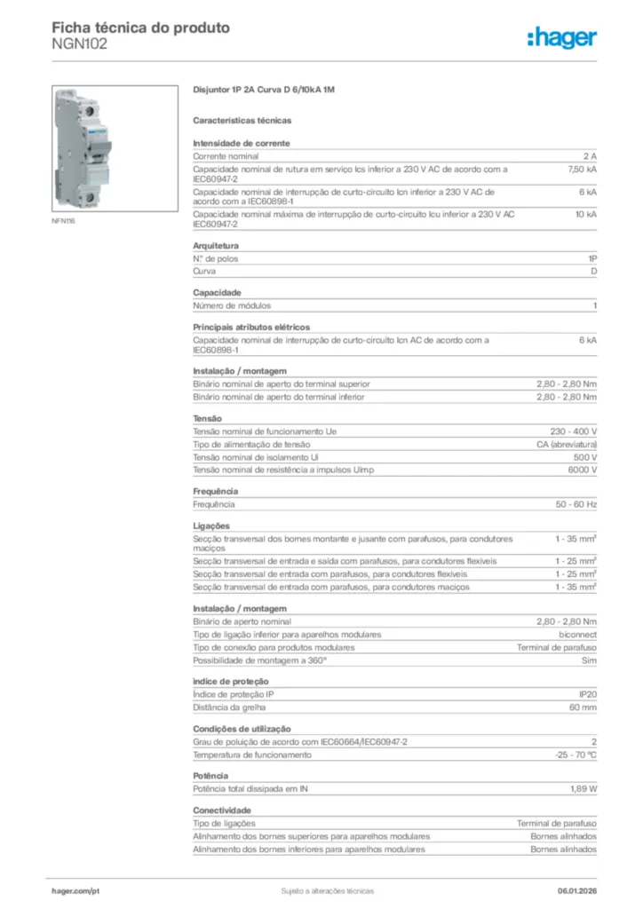 Imagem Hager Ficha técnica do produto NGN102 | Hager Portugal