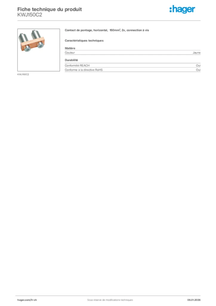 Image Hager Fiche technique du produit KWJ150C2 | Hager Suisse