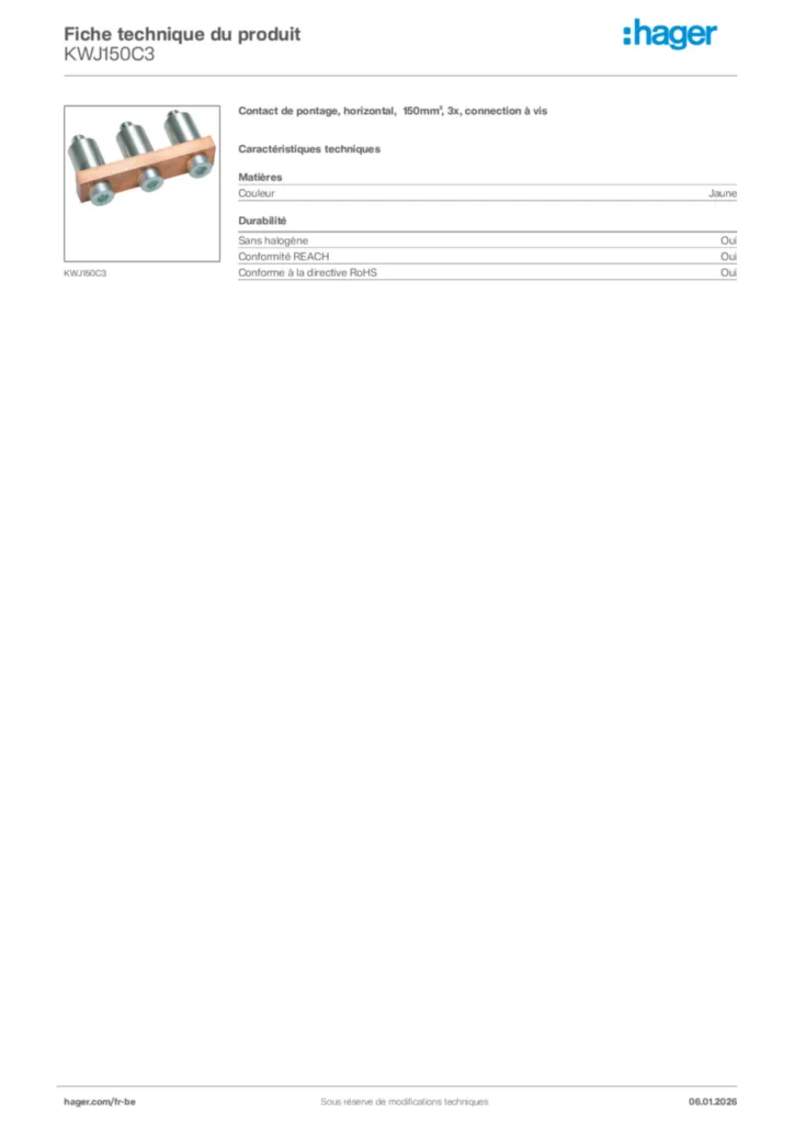 Image Hager Fiche technique du produit KWJ150C3 | Hager Belgique