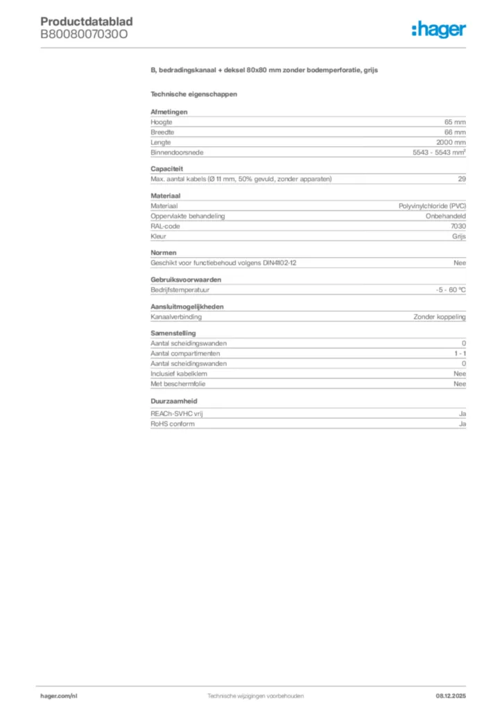 Afbeelding Hager Productdatablad B8008007030O | Hager Nederland