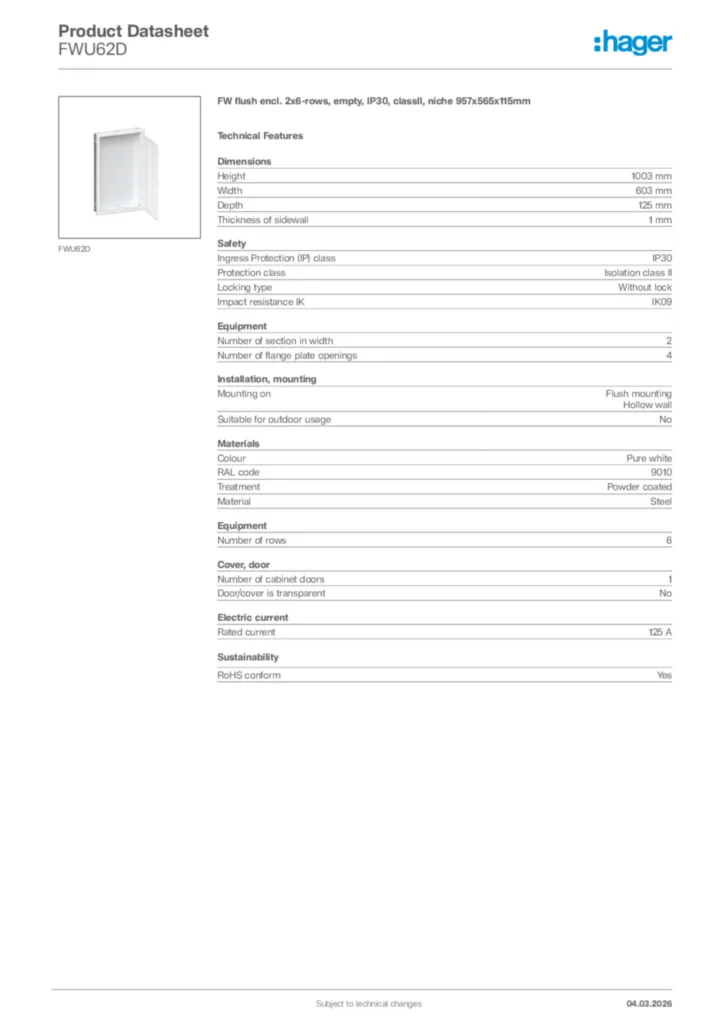 Image Hager Product data sheet FWU62D  | Hager Africa