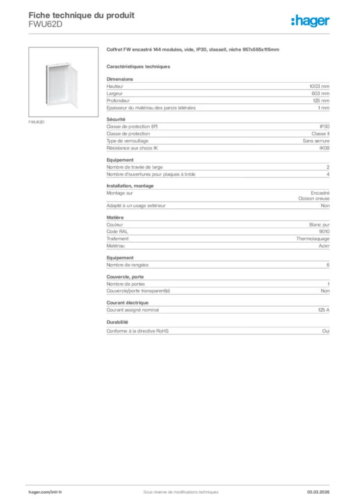 Image Hager Fiche technique du produit FWU62D | Hager Afrique