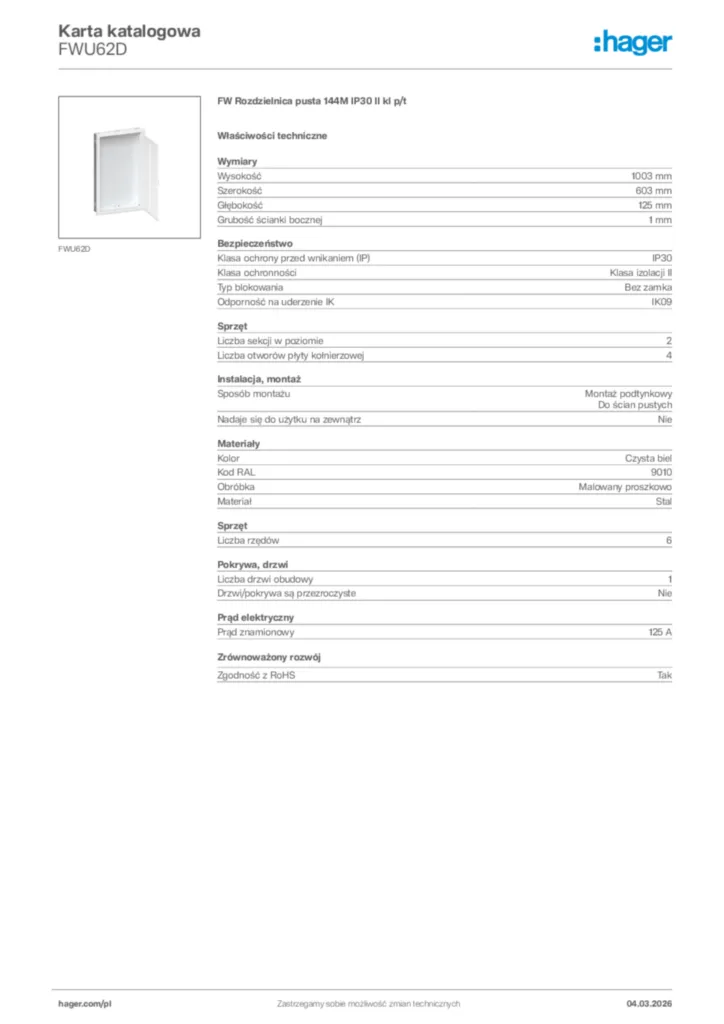 Zdjęcie Hager Karta katalogowa FWU62D | Hager Polska