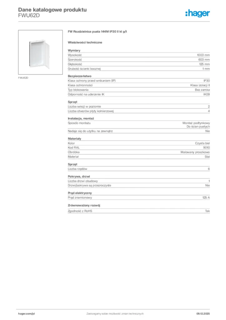 Zdjęcie Hager Karta katalogowa FWU62D | Hager Polska
