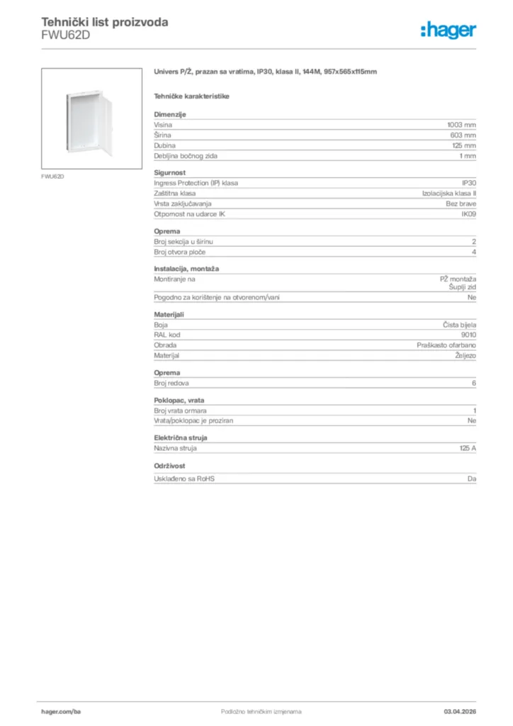 Slika Hager Tehnički list proizvoda FWU62D  | Hager