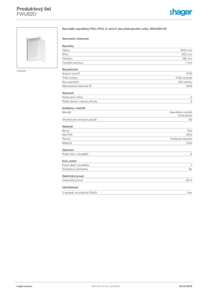 Obrázek Hager Product data sheet FWU62D | Hager