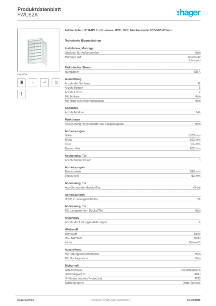 Bild Hager Produktdatenblatt FWU62A | Hager Deutschland