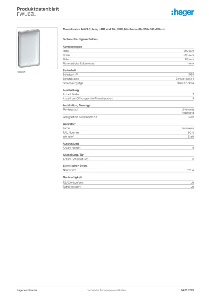 Bild Hager Produktdatenblatt FWU62L | Hager Schweiz