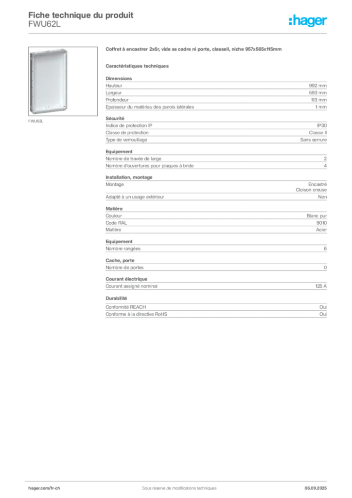 Image Hager Fiche technique du produit FWU62L | Hager Suisse