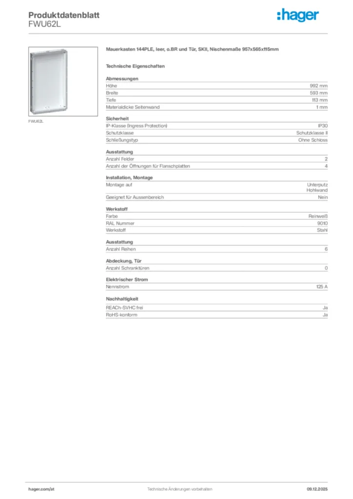 Bild Hager Produktdatenblatt FWU62L | Hager Deutschland