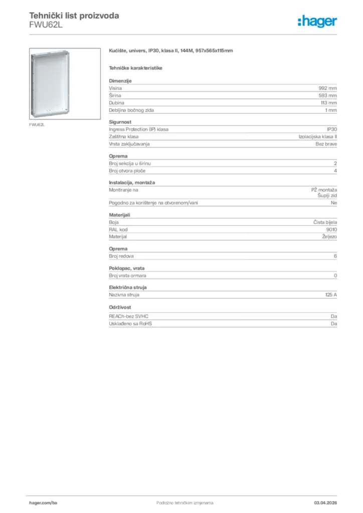 Slika Hager Tehnički list proizvoda FWU62L  | Hager