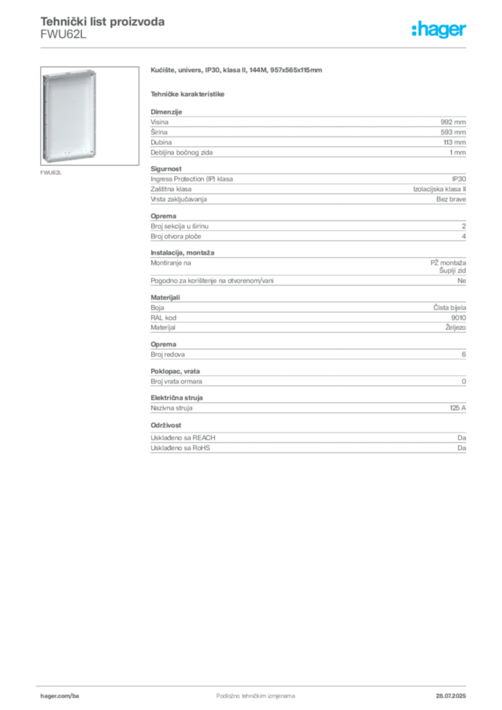 Slika Hager Product data sheet FWU62L  | Hager
