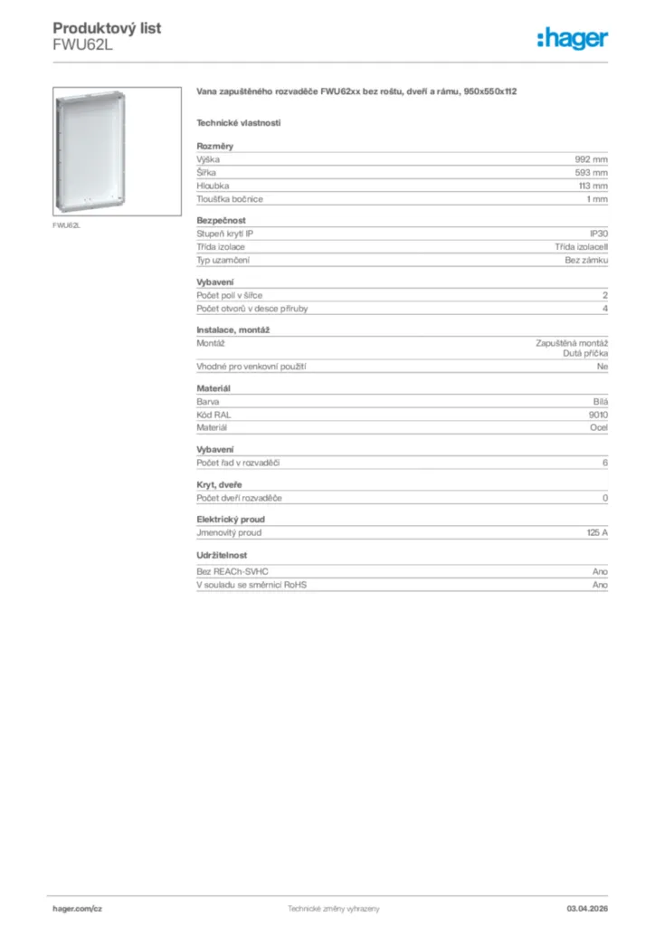 Obrázek Hager Product data sheet FWU62L | Hager