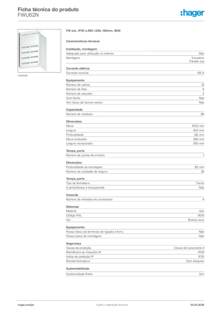 Imagem Hager Ficha técnica do produto FWU62N | Hager Portugal