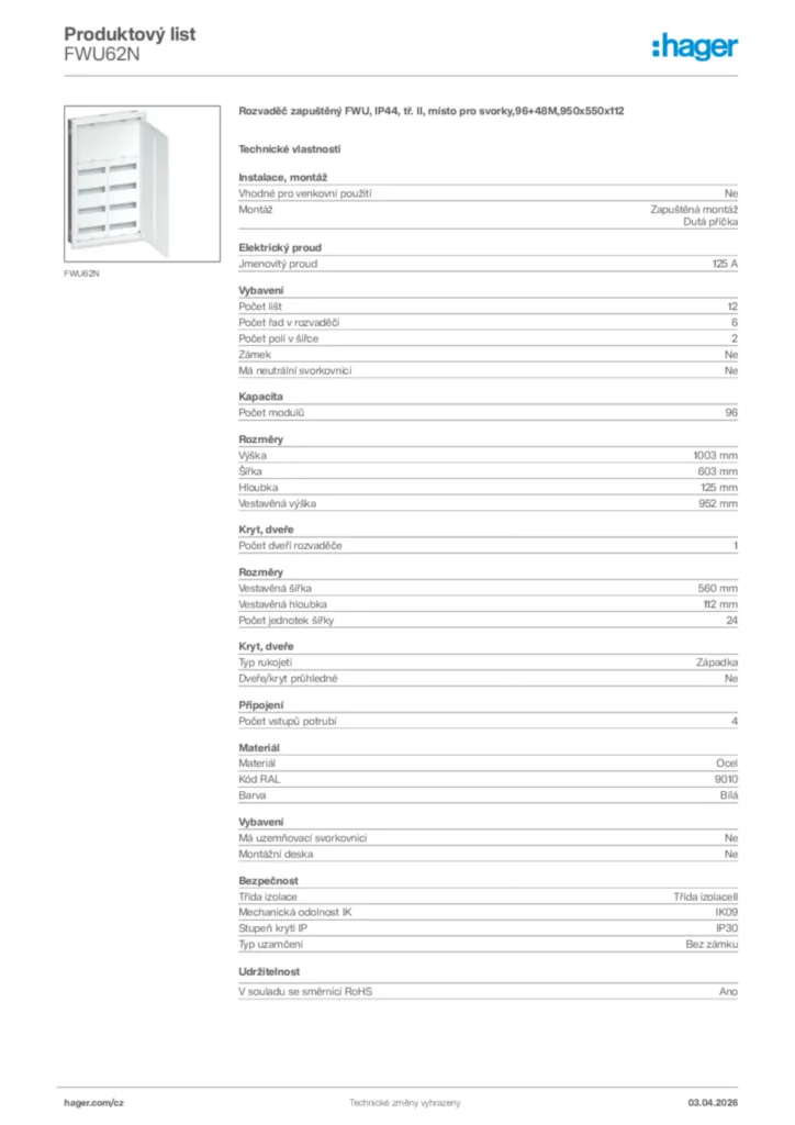 Obrázek Hager Product data sheet FWU62N | Hager