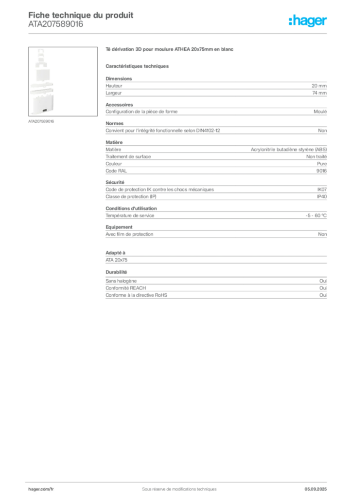 Image Hager Fiche technique du produit ATA207589016 | Hager France