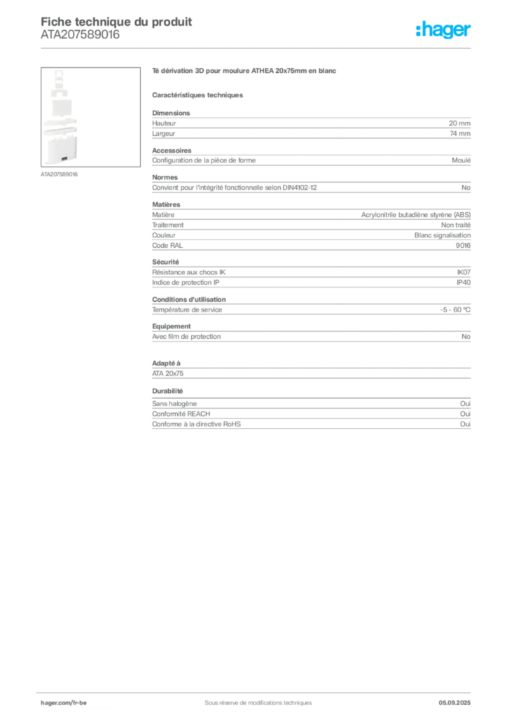 Image Hager Fiche technique du produit ATA207589016 | Hager Belgique