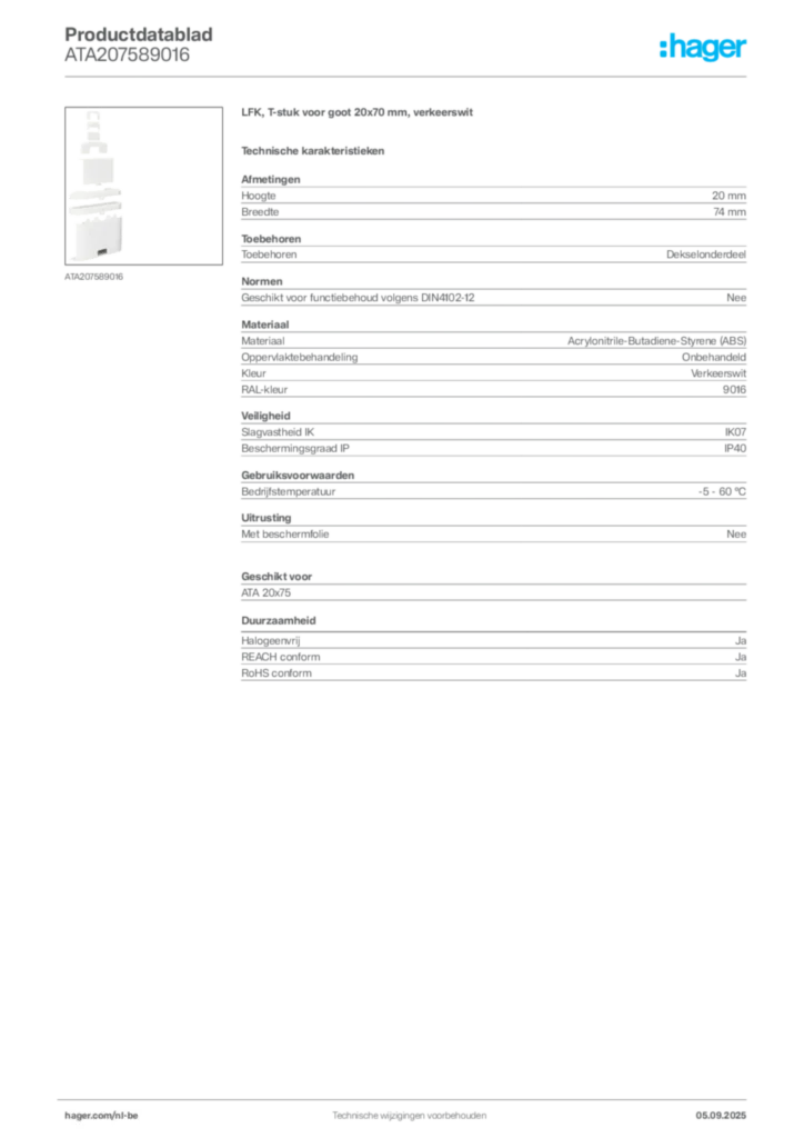 Afbeelding Hager Productdatablad ATA207589016 | Hager Belgium