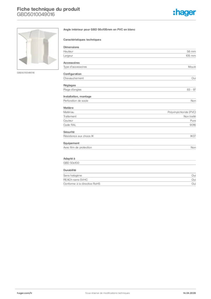 Image Hager Fiche technique du produit GBD5010049016 | Hager France