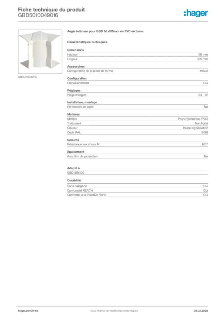 Image Hager Fiche technique du produit GBD5010049016 | Hager Belgique