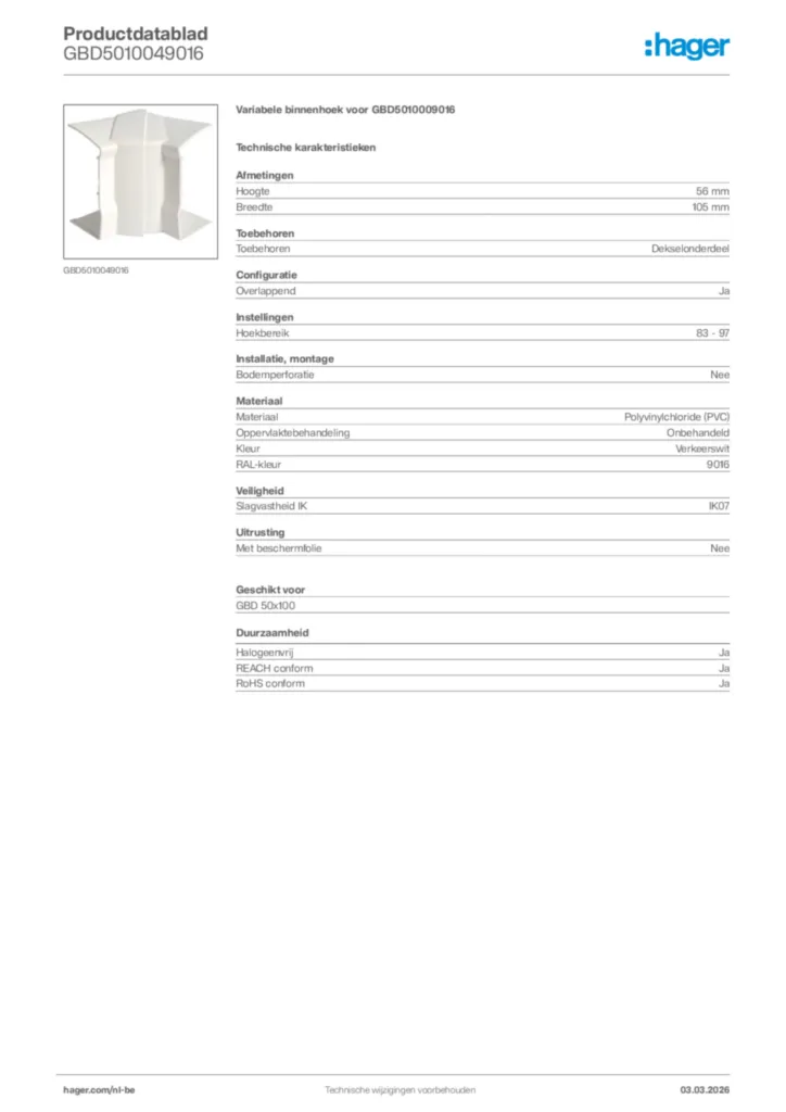 Afbeelding Hager Productdatablad GBD5010049016 | Hager Belgium