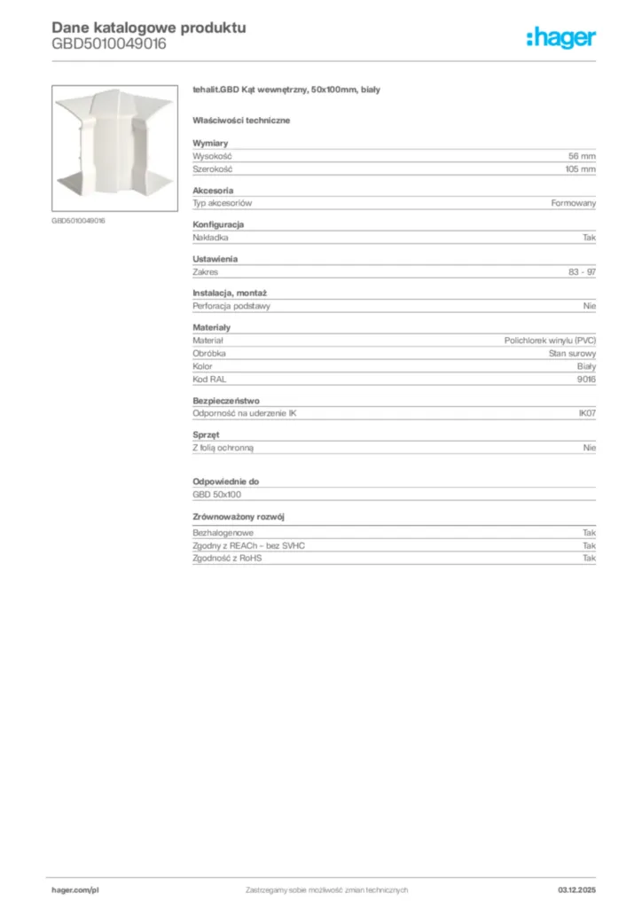 Zdjęcie Hager Dane katalogowe produktu GBD5010049016 | Hager Polska