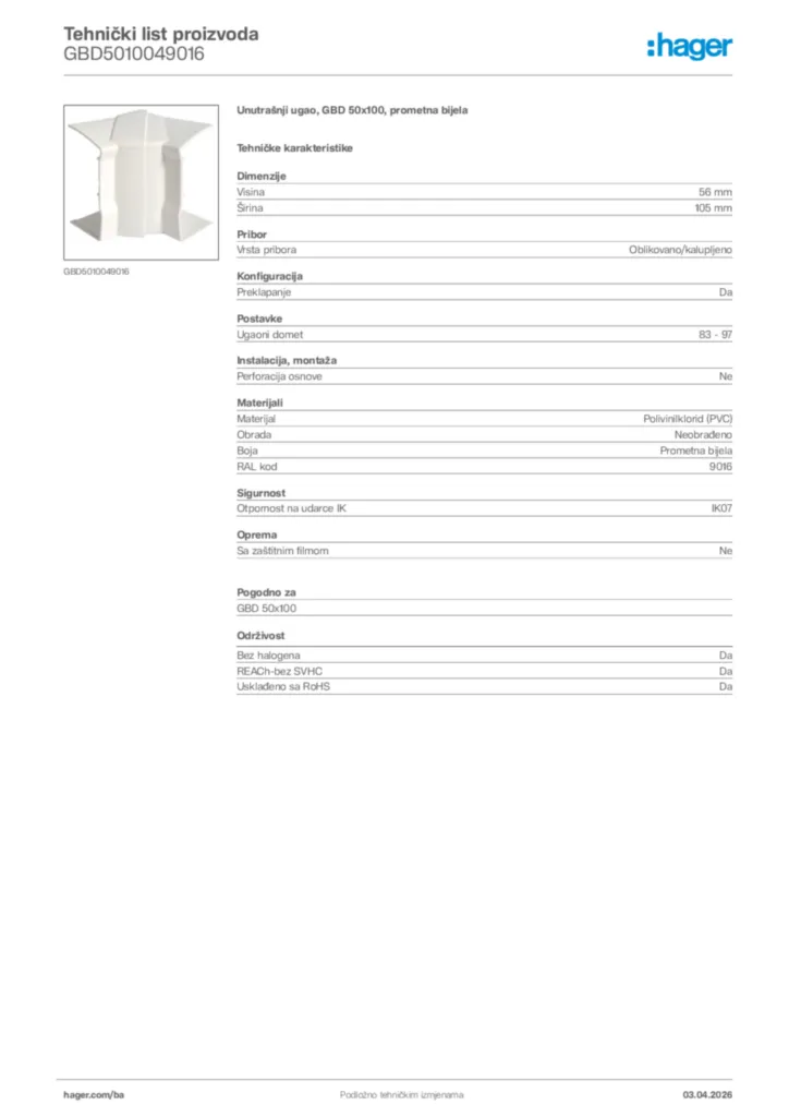 Slika Hager Tehnički list proizvoda GBD5010049016  | Hager