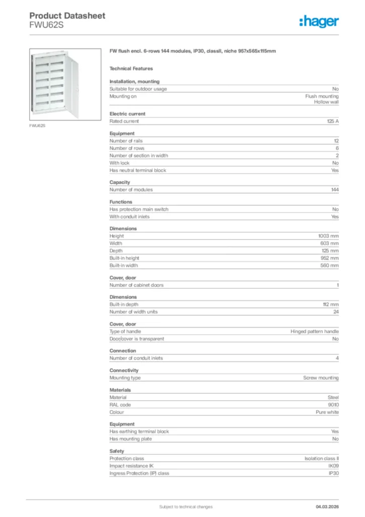 Image Hager Product data sheet FWU62S  | Hager Africa