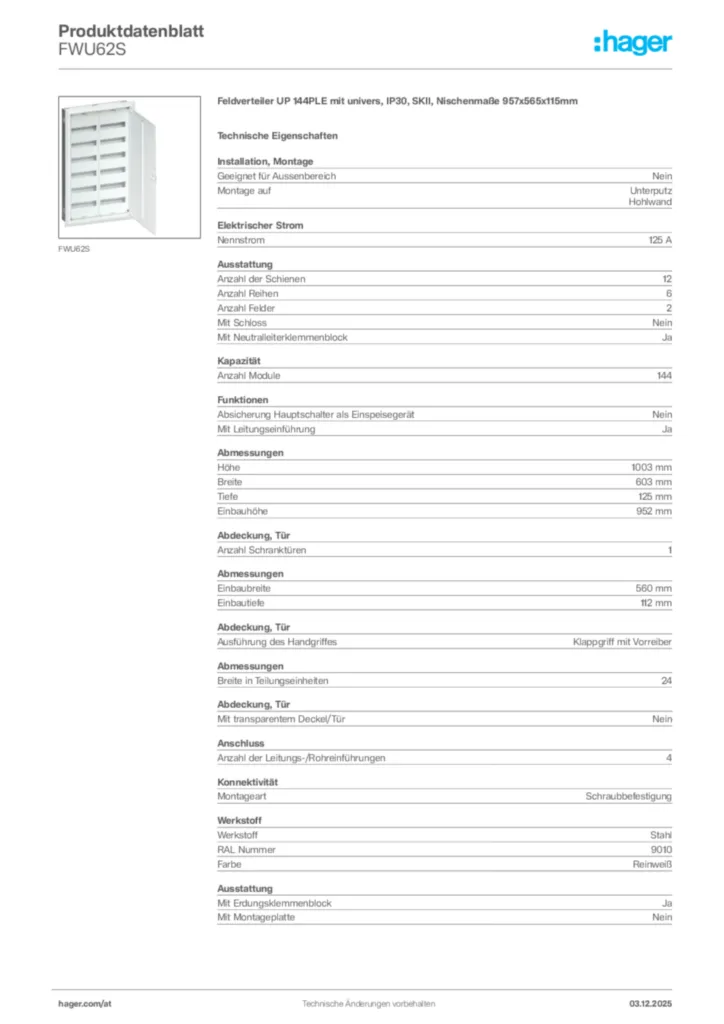 Bild Hager Produktdatenblatt FWU62S | Hager Deutschland