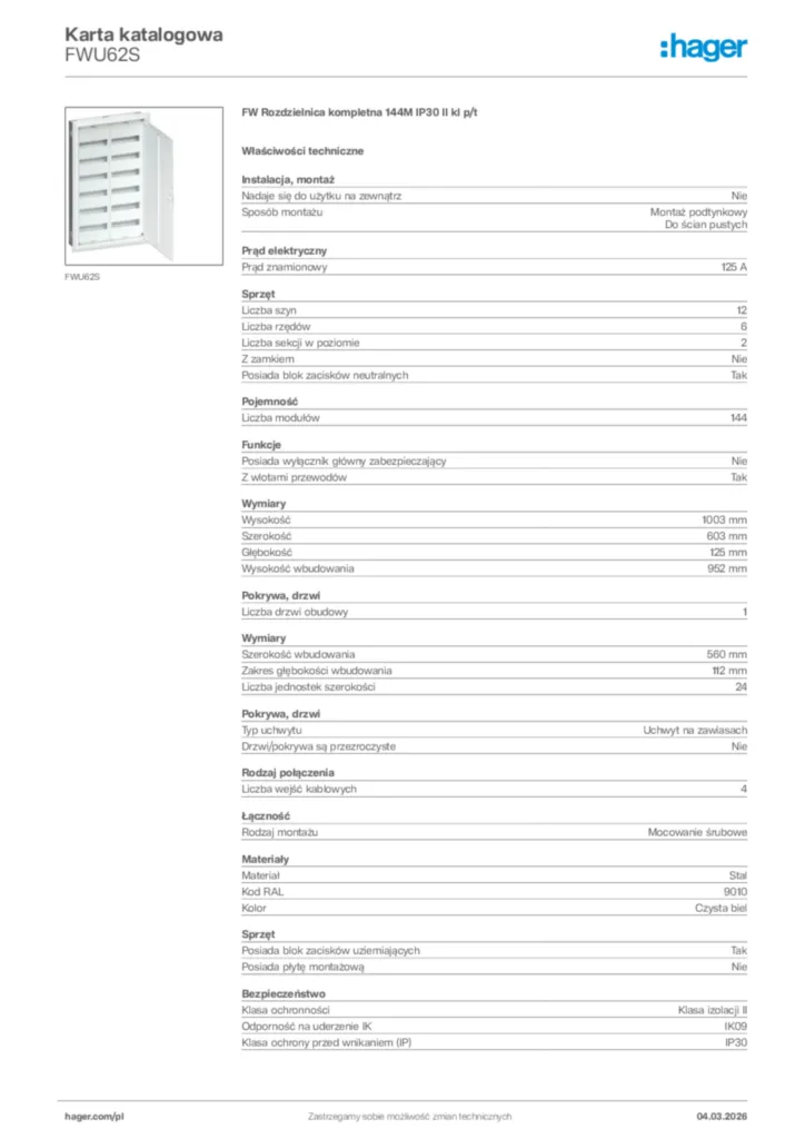 Zdjęcie Hager Karta katalogowa FWU62S | Hager Polska