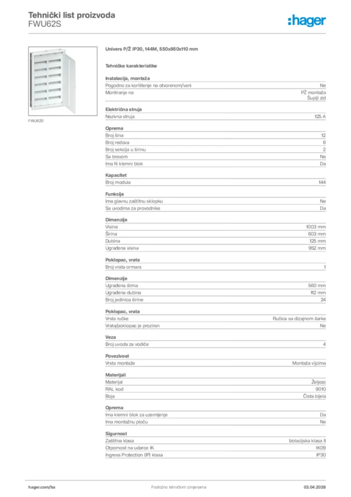 Slika Hager Tehnički list proizvoda FWU62S  | Hager