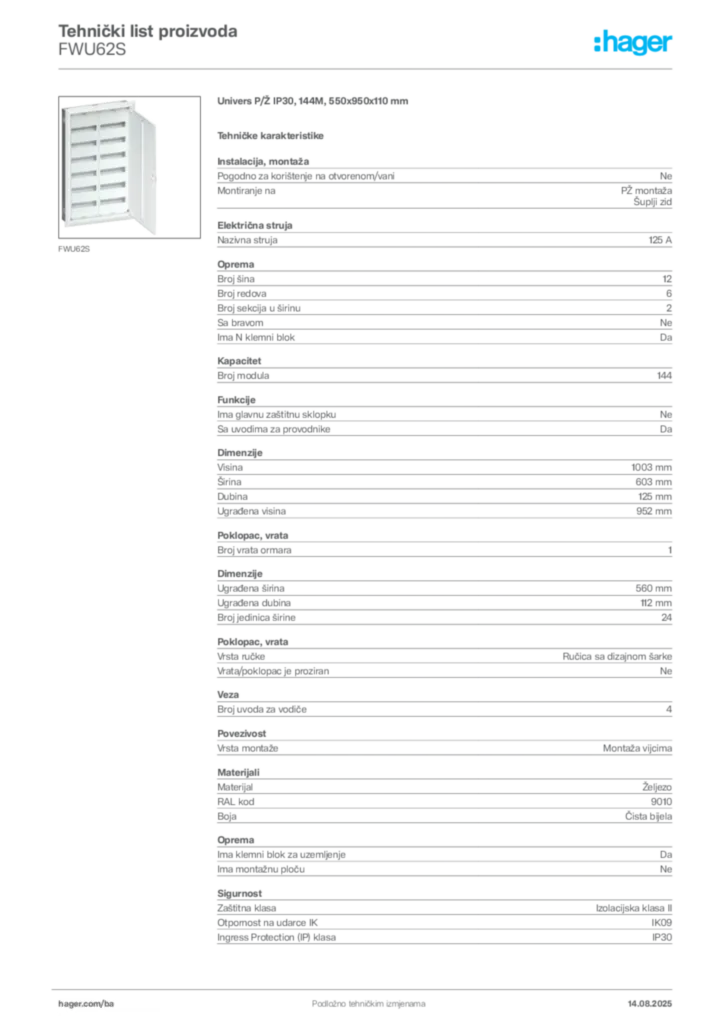 Slika Hager Product data sheet FWU62S  | Hager