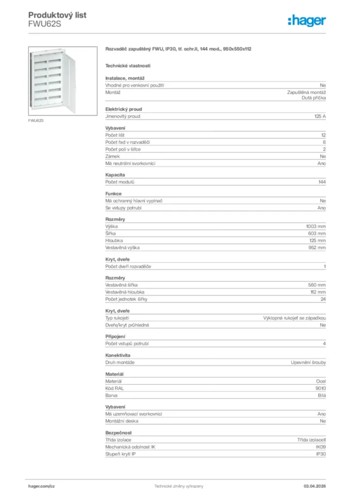 Obrázek Hager Product data sheet FWU62S | Hager
