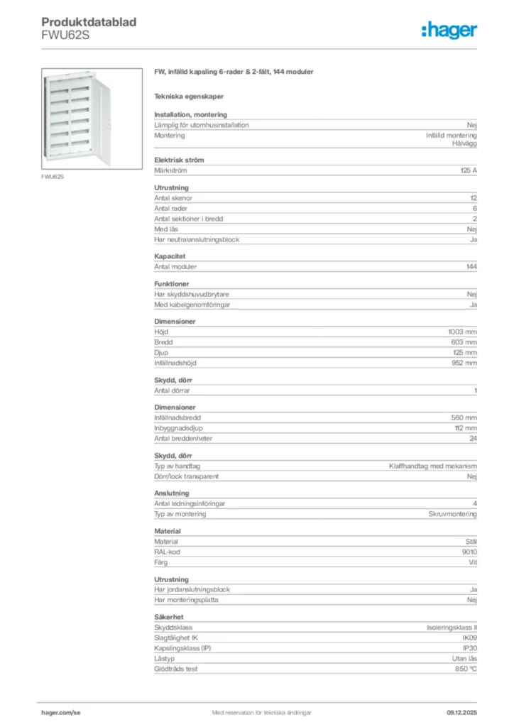 Bild Hager Produktdatablad FWU62S | Hager Sverige