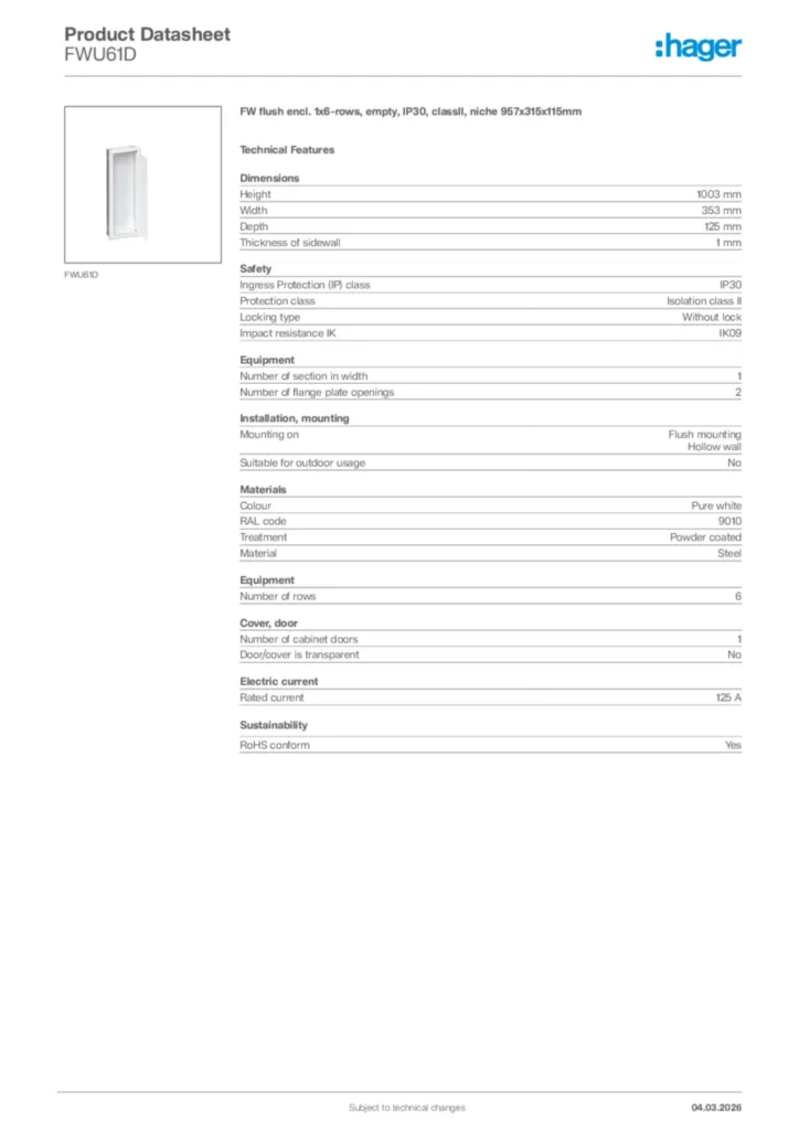Image Hager Product data sheet FWU61D  | Hager Africa