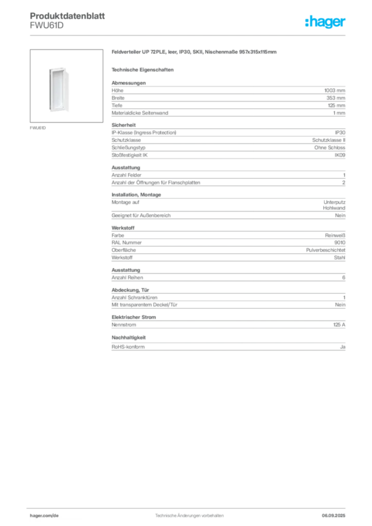 Bild Hager Produktdatenblatt FWU61D | Hager Deutschland