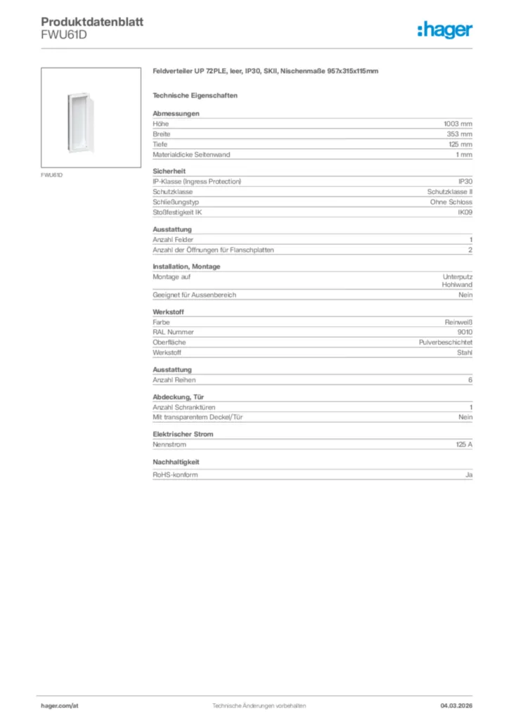 Bild Hager Produktdatenblatt FWU61D | Hager Deutschland