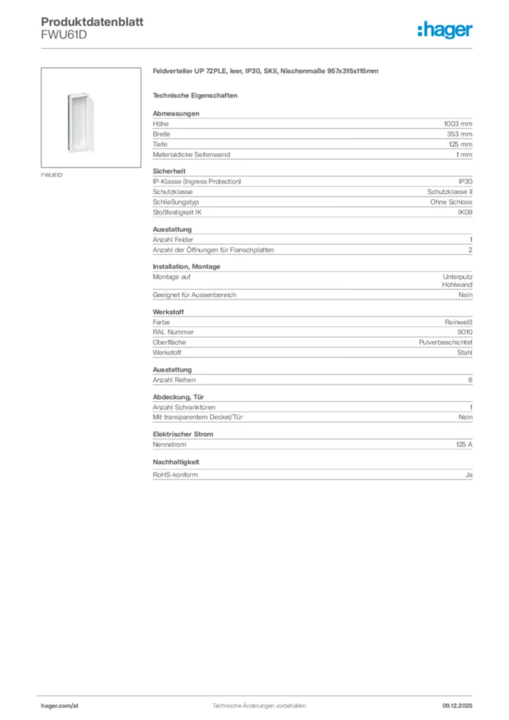 Bild Hager Produktdatenblatt FWU61D | Hager Deutschland